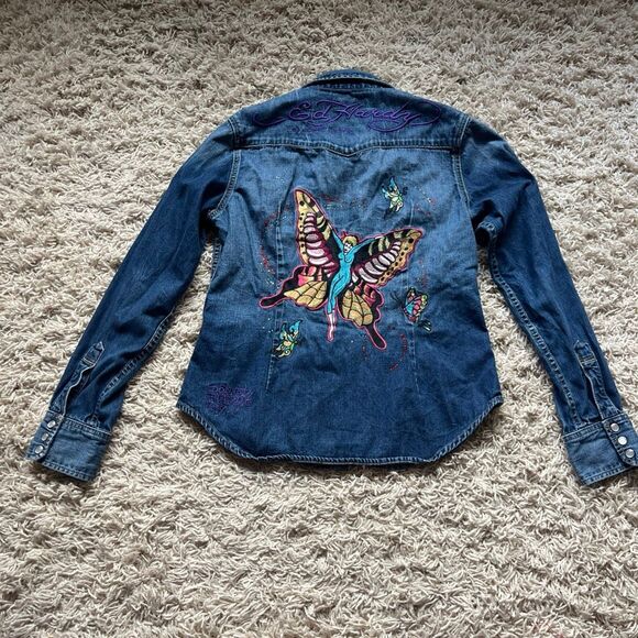 Ed Hardy Shirt Mens L Denim Western Pearl Snap Rhinestone by Christian Audigier - Picture 1 of 15